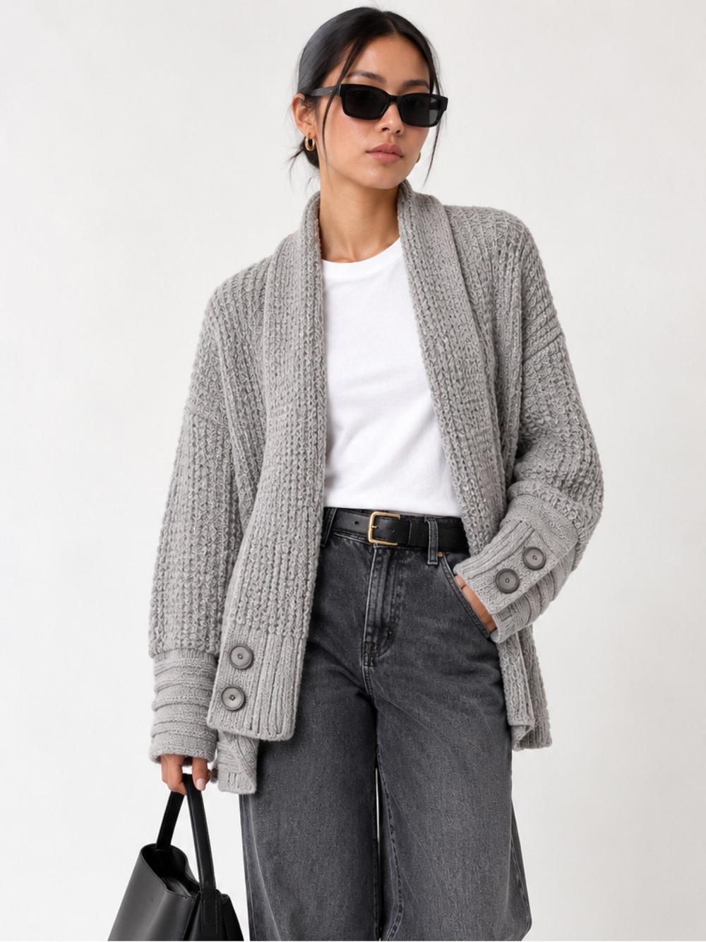 Soft Surroundings PS Gray 100% Cotton Chunky Knit Cardigan